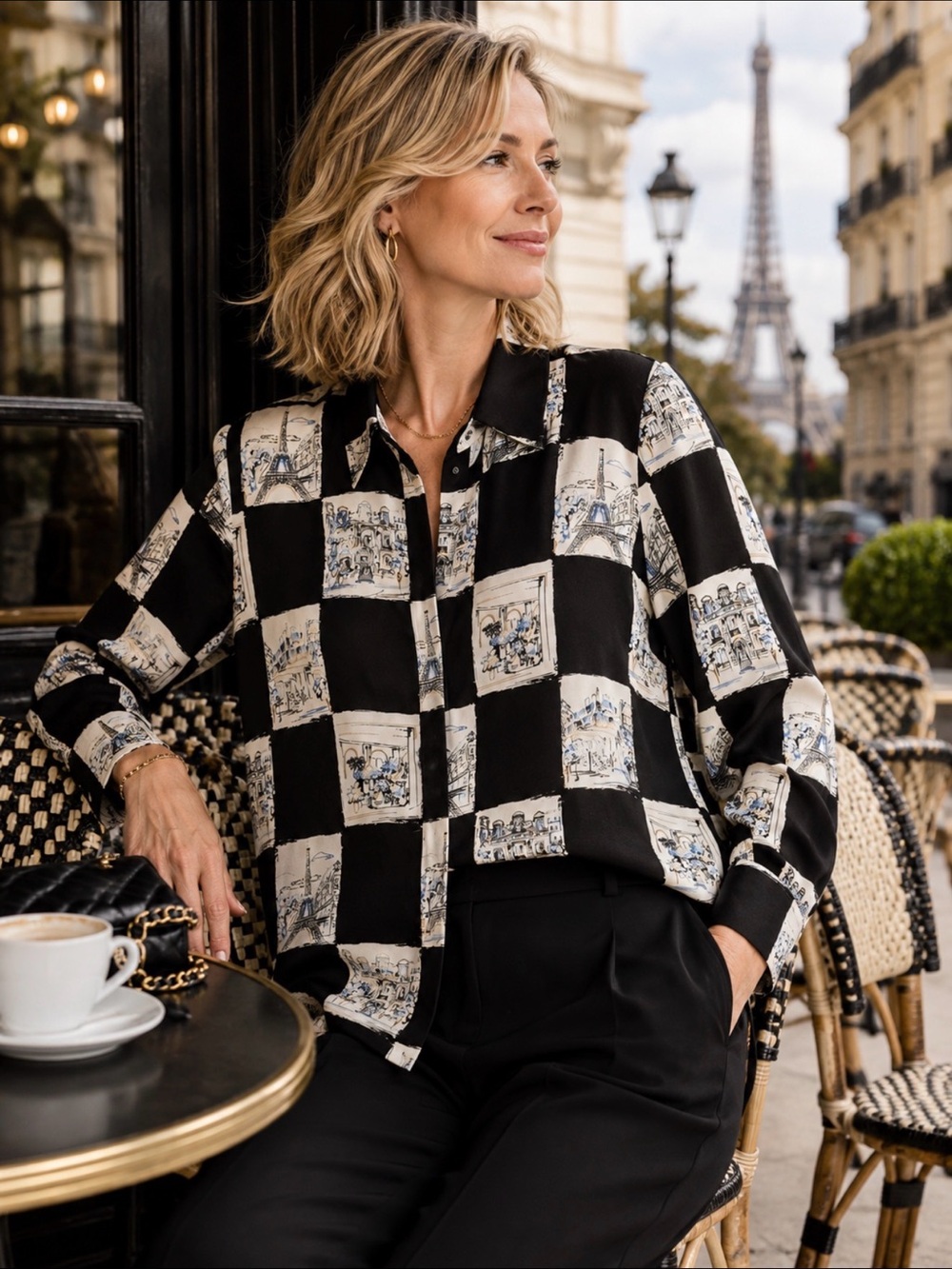 Karl Lagerfeld Paris Eiffel Tower Print Blouse Large Black Ivory